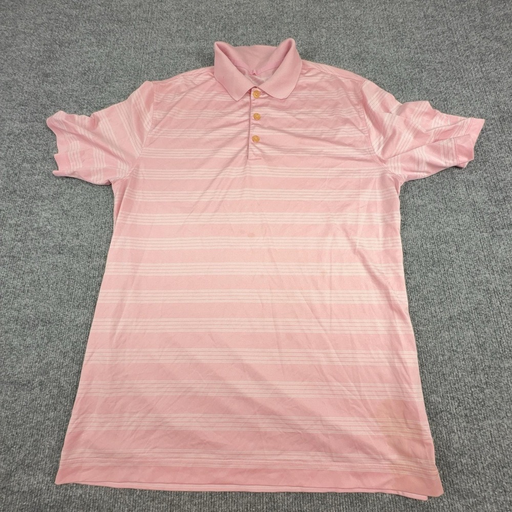 Nike Polo Shirt Mens Large Pink Striped Dri-FIT Golf Tour Performance Jersey